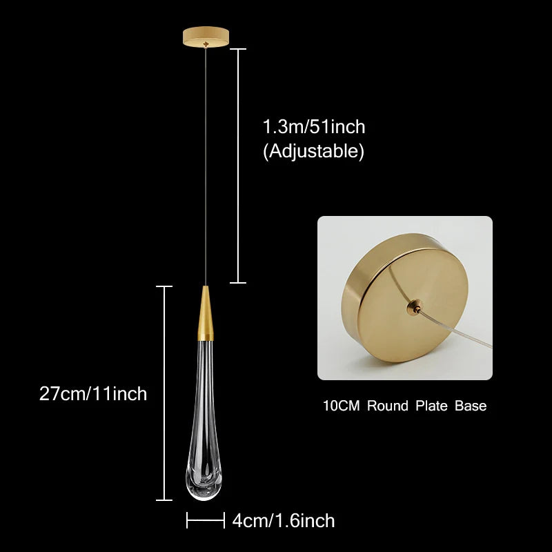 Crystal LED Pendant Light with Teardrop Design and Metal Frame
