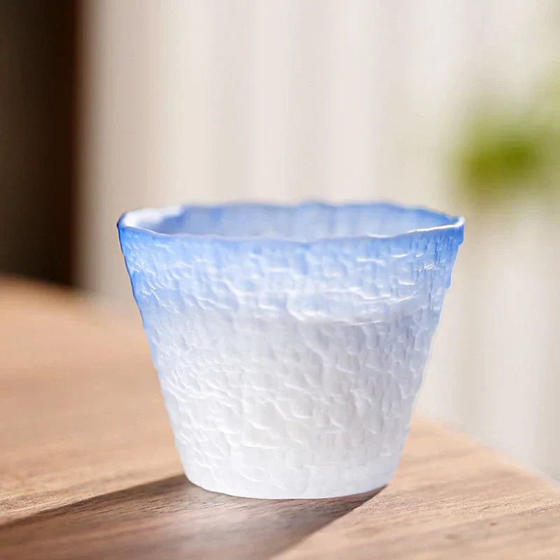Ombre Blue Glass Sake Set with Carafe, Cups, and Tray
