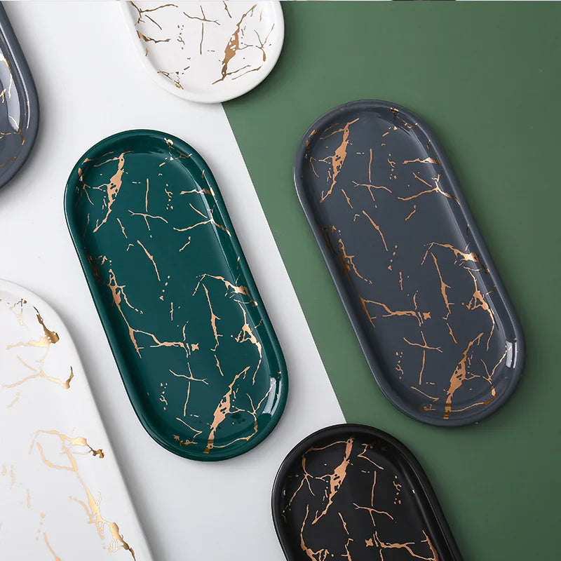 Ceramic Marble Oval Tray for Jewelry and Bathroom Storage