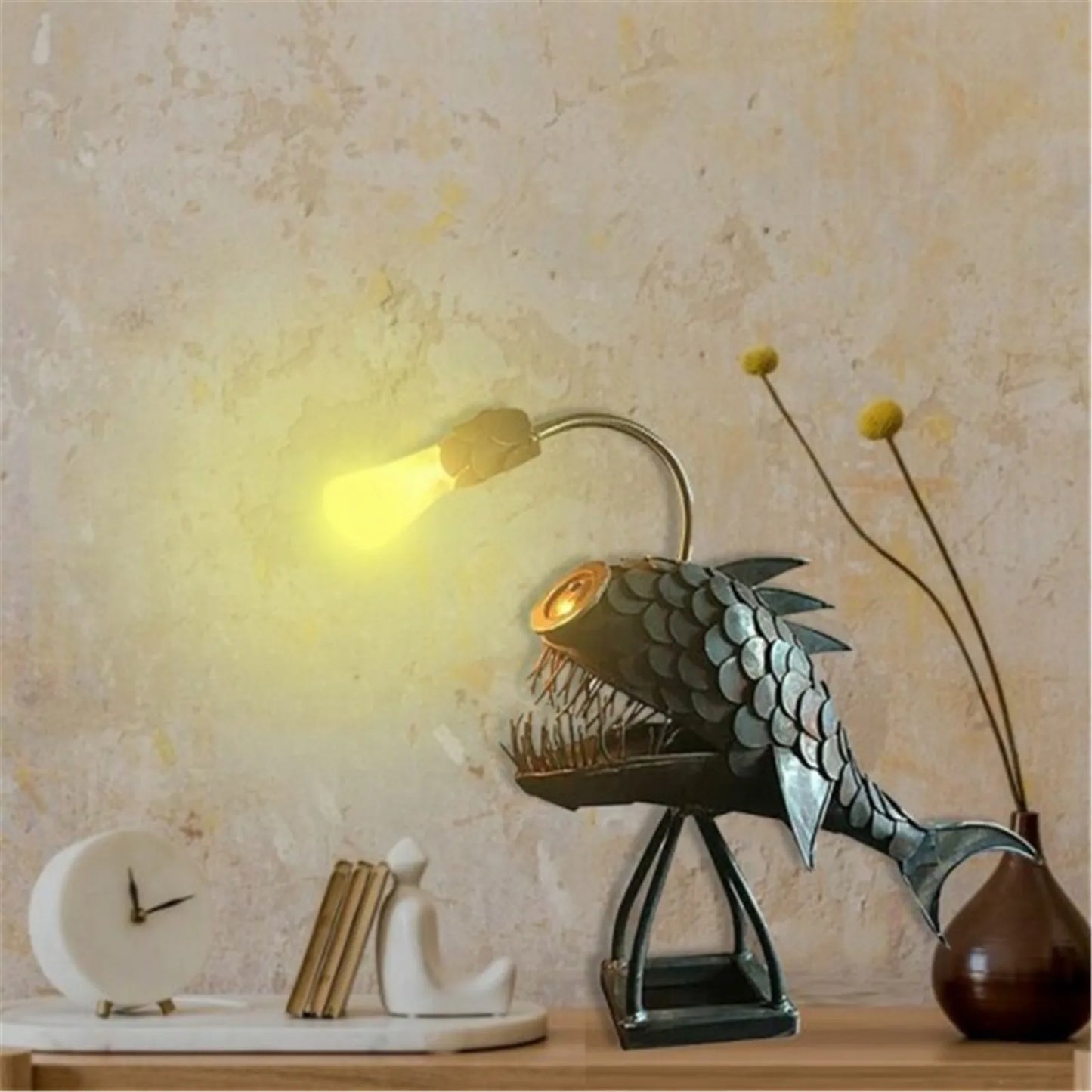 Handmade Rustic Fish Table Lamp with Adjustable Light