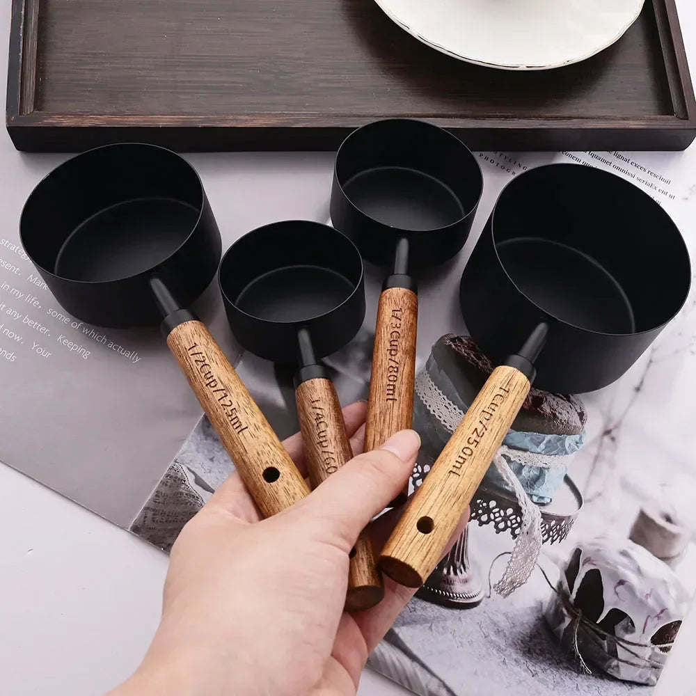 Stainless Steel Measuring Cups and Spoons Set with Wooden Handles