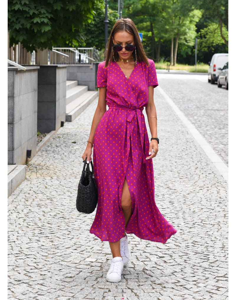 Light Floral Summer Midi Dress with Belt and Slit