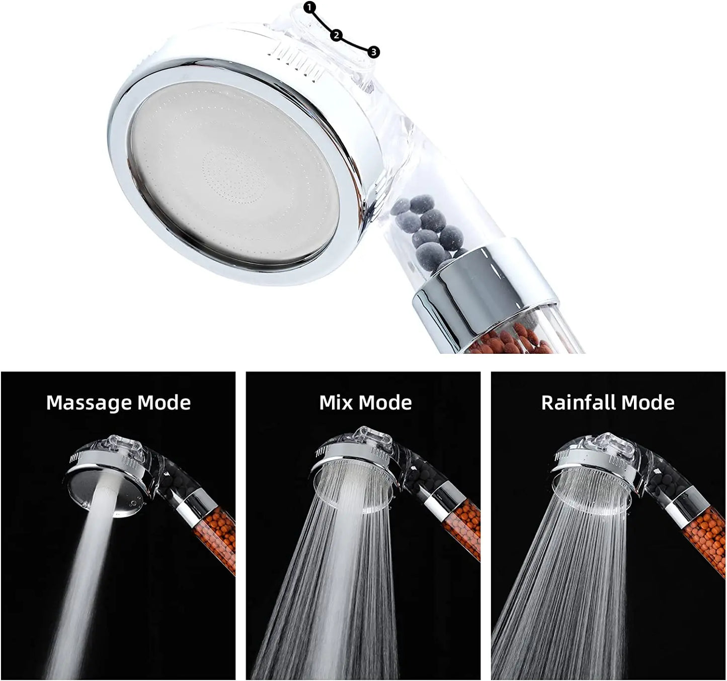 High Pressure Water-Saving Shower Head with Filter and Mineral Anion Stones