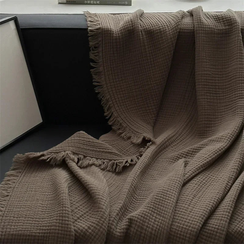 Solid Color Cotton Sofa Blanket with Fringed Edges