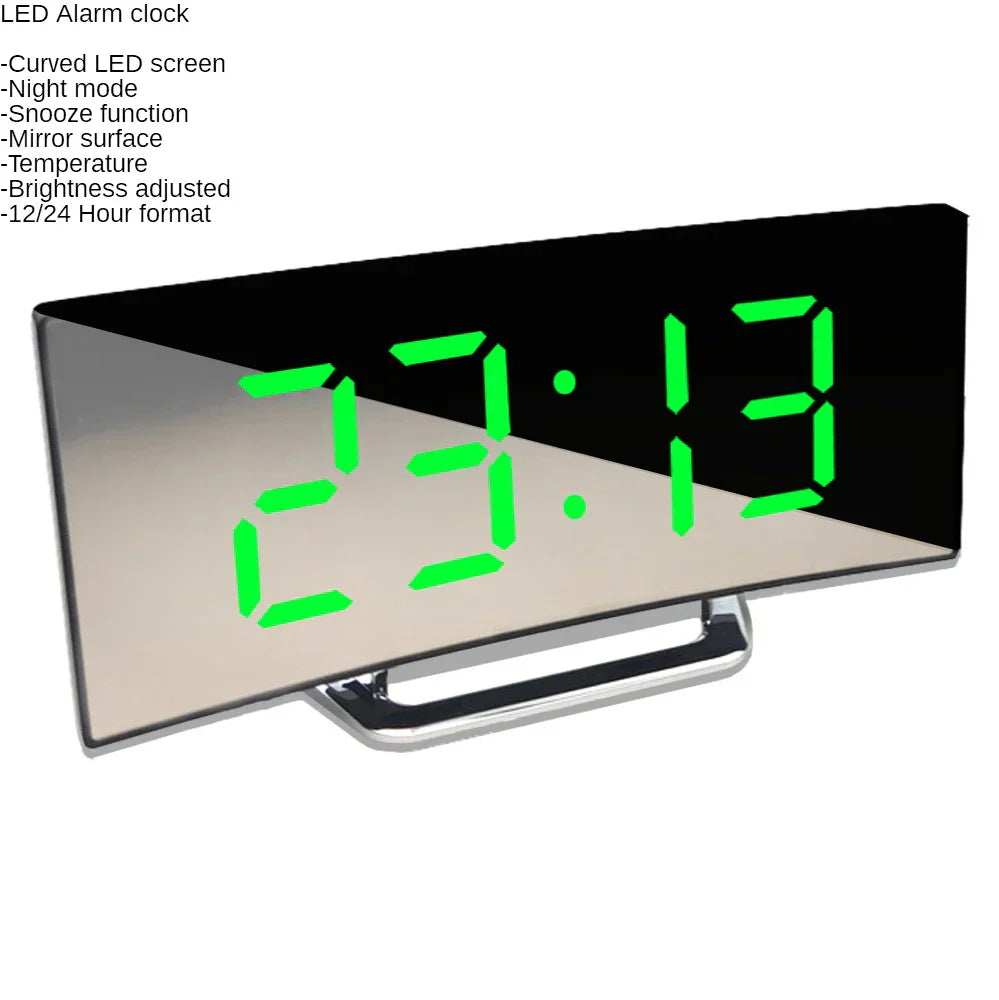Curved LED Digital Alarm Clock with Snooze and Mirror Finish