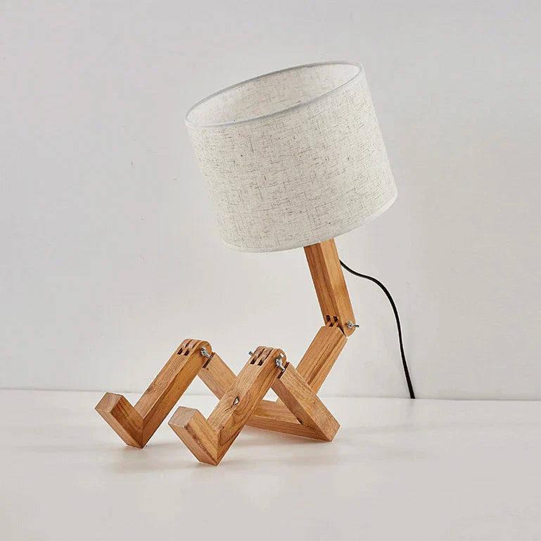 Wooden Robot Table Lamp with LED Light and Fabric Shade
