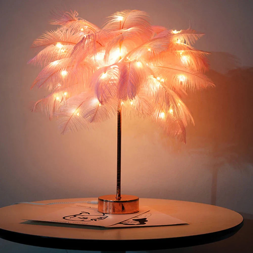 LED Feather Table Lamp with Remote Control - USB Powered Night Light
