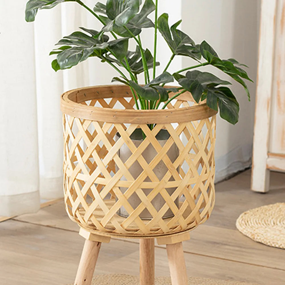 Handcrafted Bamboo Woven Flower Pot with Stand