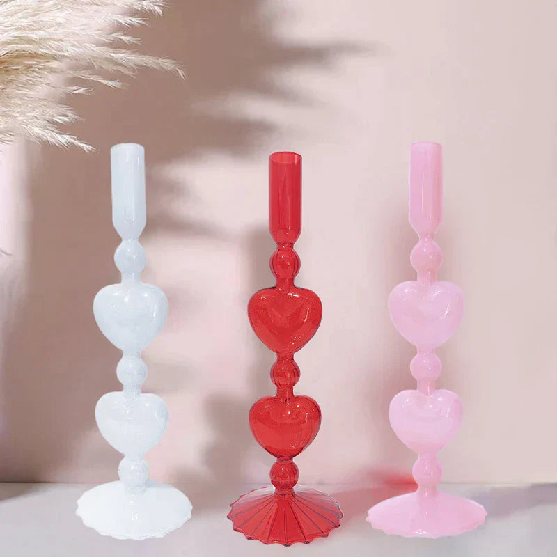 Red Heart-Shaped Vintage Glass Candle Holder