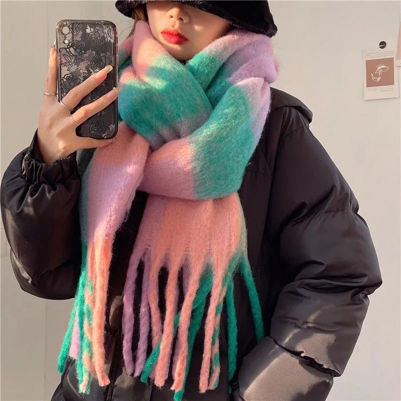 Large Soft Plaid Wool Blend Winter Scarf with Fringed Edges