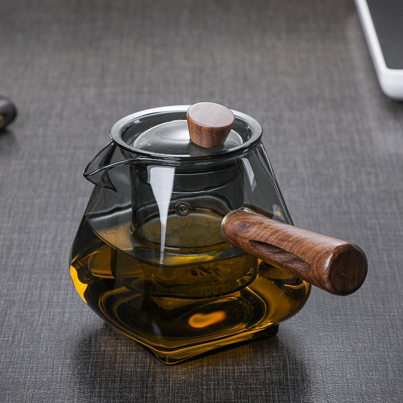 Japanese Glass Teapot with Wooden Handle, 700ml Heat-Resistant Tea Maker
