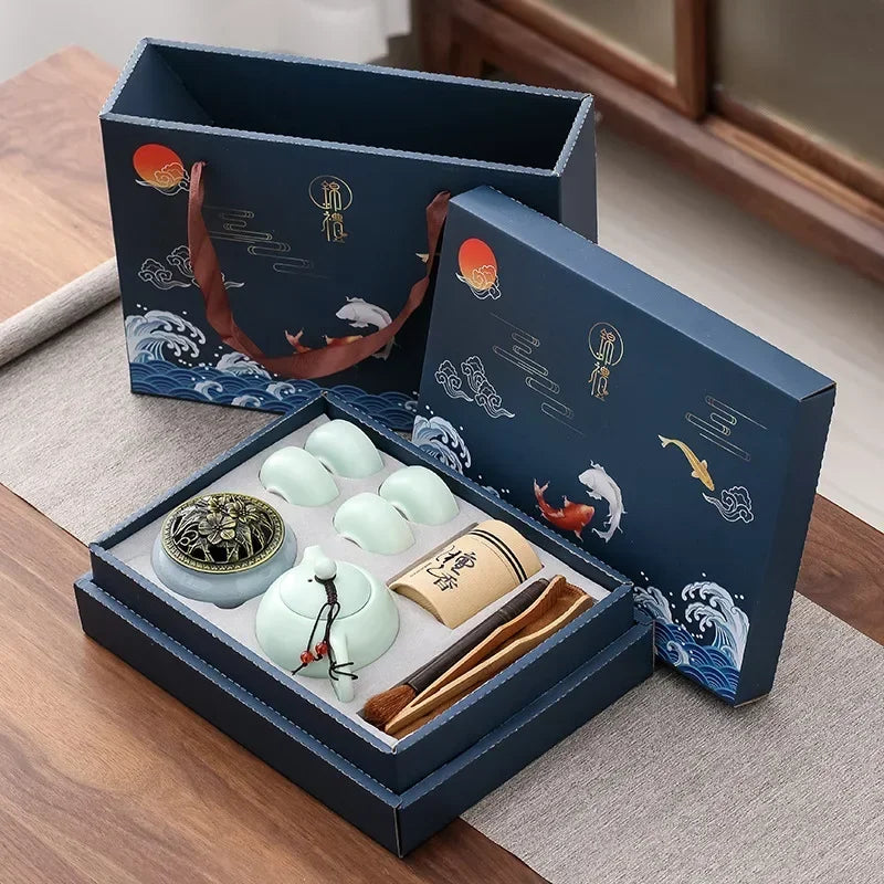 Traditional Ceramic Tea Set with Teapot, Cups, and Incense Holder