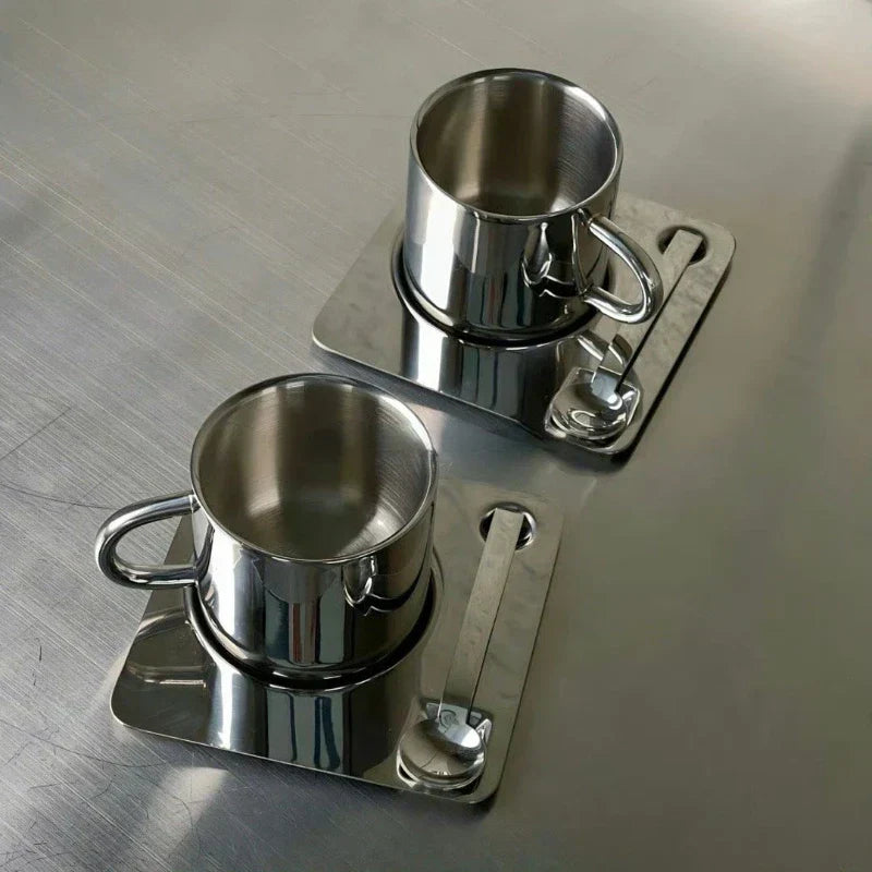 Stainless Steel Coffee Cup with Tray and Spoon