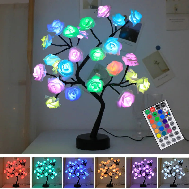 RGB Rose Flower Table Lamp with 24 LED Lights - USB & Battery Operated Fairy Night Light