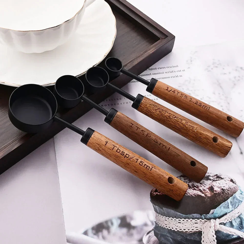 Stainless Steel Measuring Cups and Spoons Set with Wooden Handles
