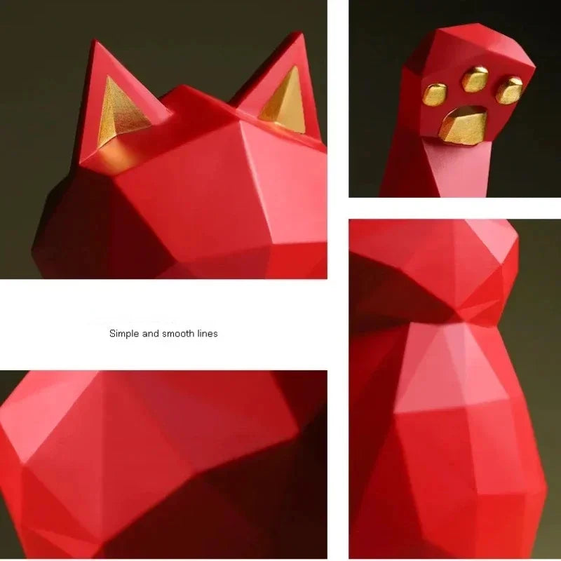Geometric Lucky Cat Figurines in Red and White Resin