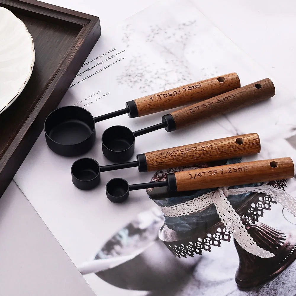 Stainless Steel Measuring Cups and Spoons Set with Wooden Handles