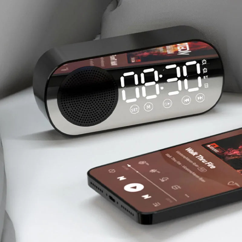 LED Mirror Alarm Clock with Bluetooth Speaker and FM Radio