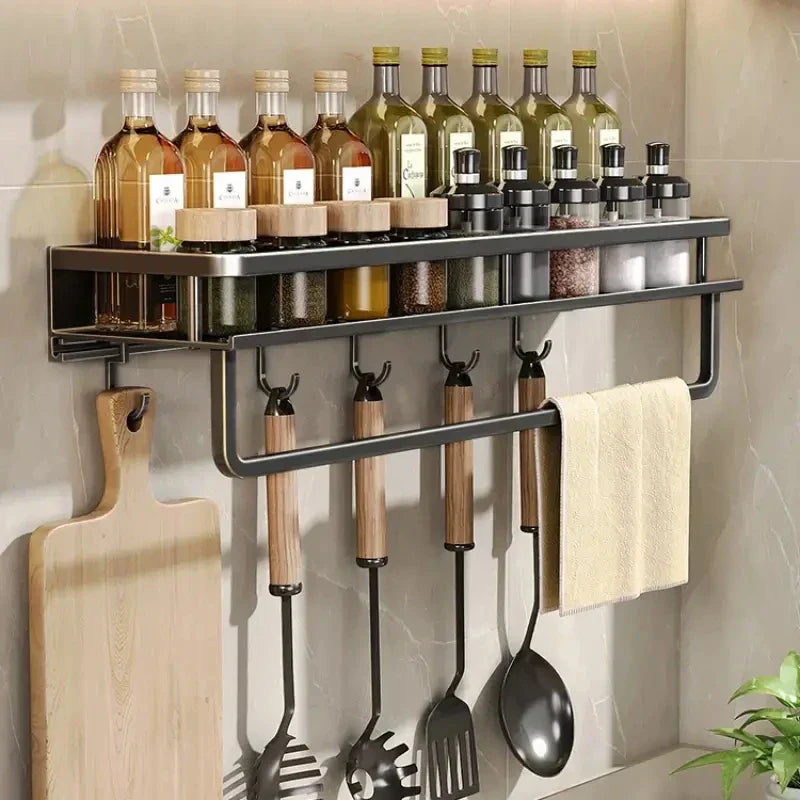 Sleek Black Aluminum Wall Shelf for Kitchen Organization