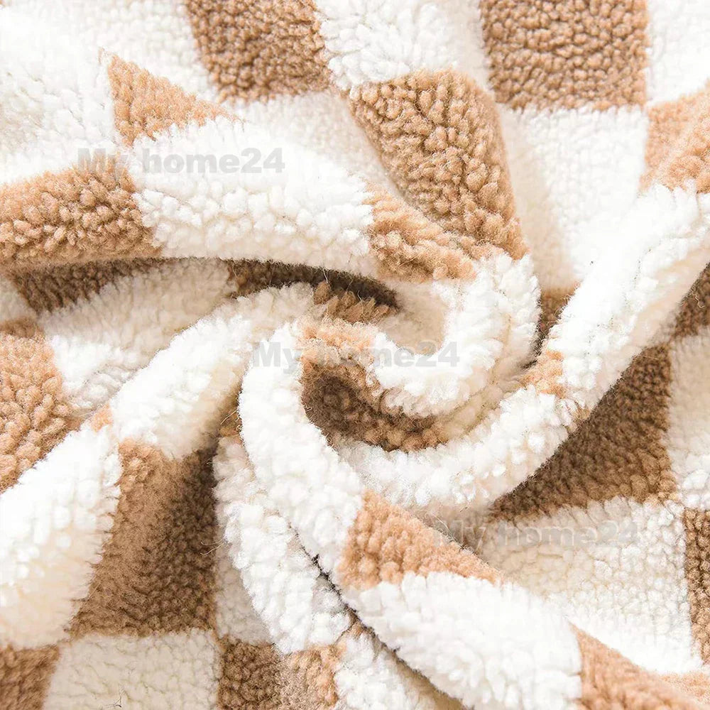 Checkerboard Faux Fur Pillowcase in Khaki and Coffee