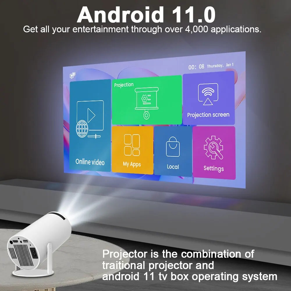 4K Android Smart Projector with 180° Viewing Angle and 360° Sound