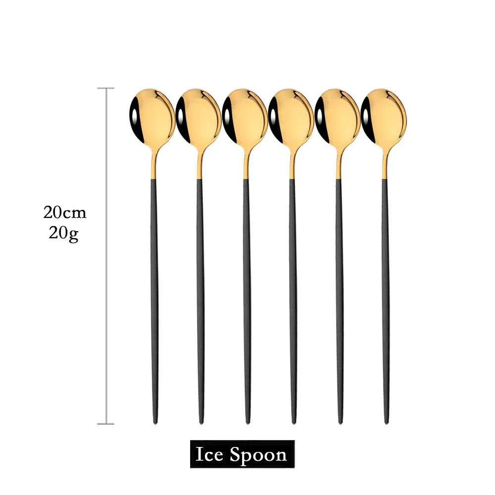 Golden Stainless Steel Long Handle Spoon Set for 6