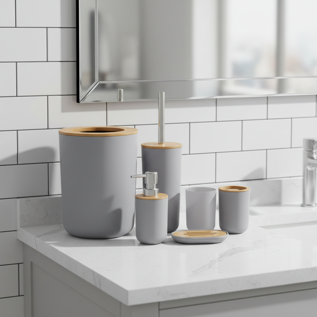 Modern Bamboo Bathroom Accessory Set