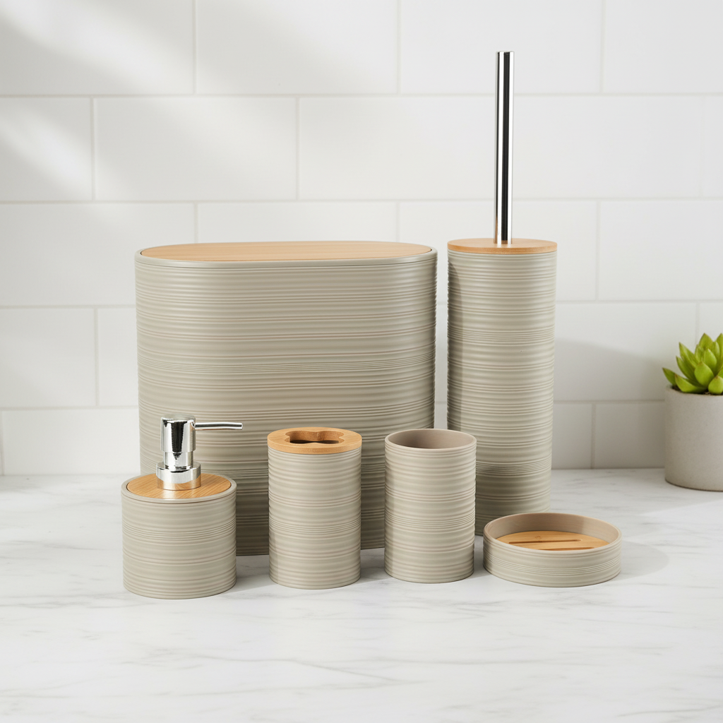 Bamboo and Plastic Bathroom Accessory Set, 6 Pieces