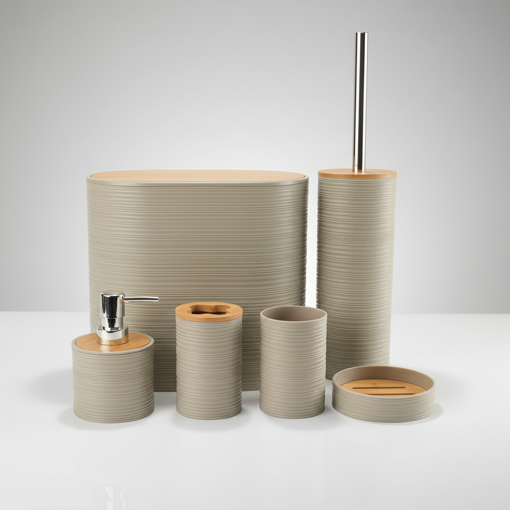Bamboo and Plastic Bathroom Accessory Set, 6 Pieces