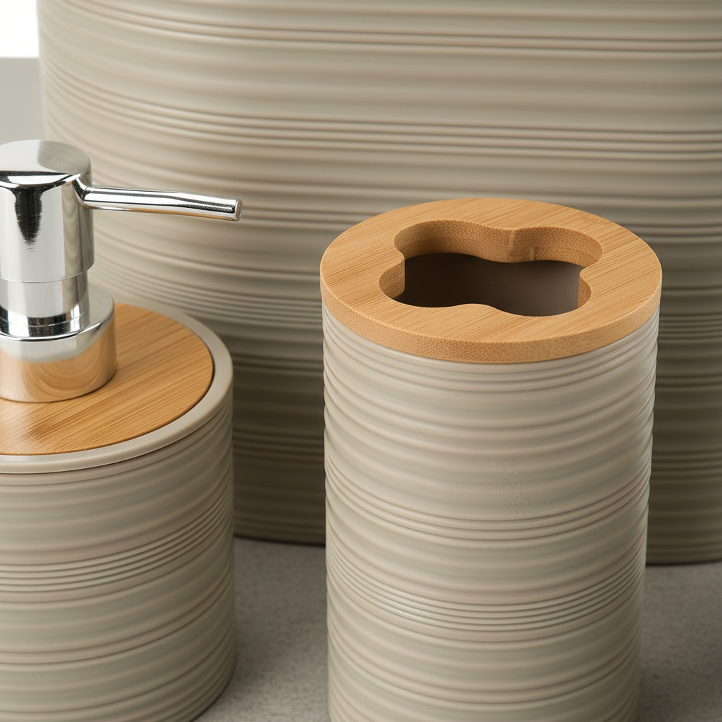 Bamboo and Plastic Bathroom Accessory Set, 6 Pieces