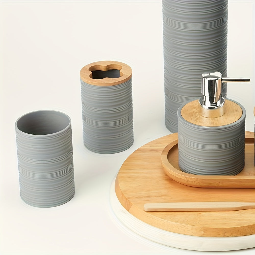 Bamboo and Plastic Bathroom Accessory Set, 6 Pieces