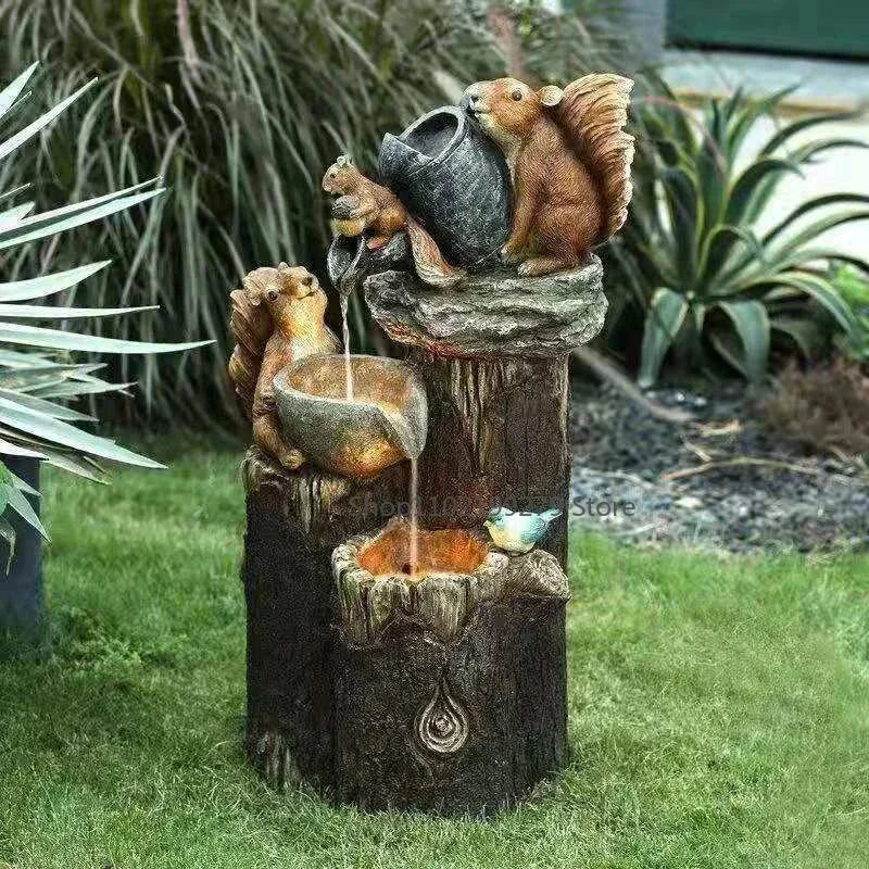 Solar Duck and Squirrel Fountain with LED Light - Weatherproof Resin Garden Decor