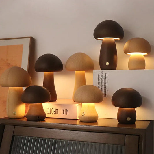 Mushroom-Shaped Wooden Touch-Control LED Lamp
