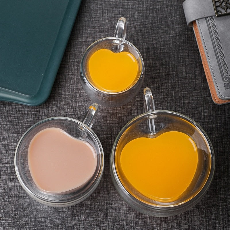 Heart-Shaped Double-Walled Glass Mug Insulated Coffee Cup