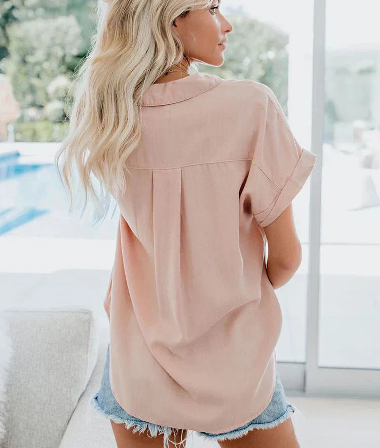 Loose Fit Women's Button-Up Blouse with Rolled Sleeves