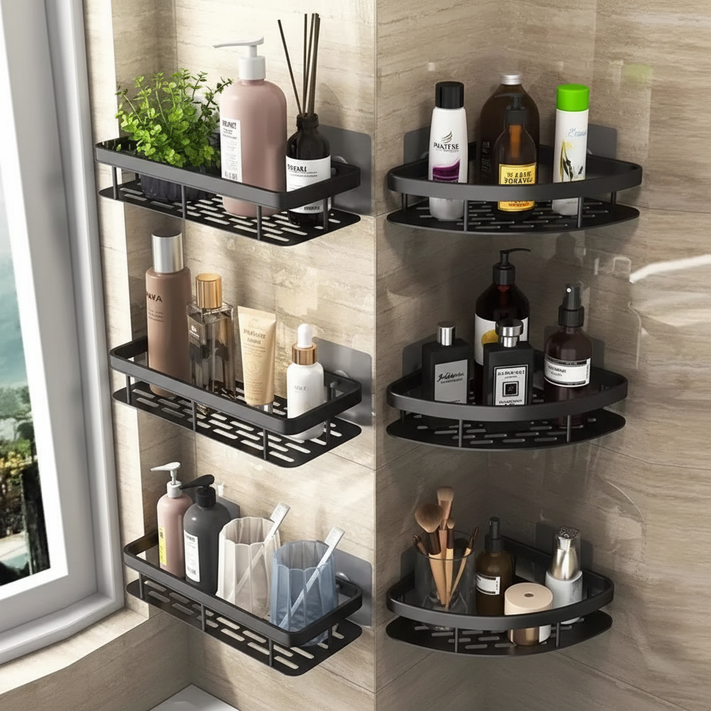 Self-Adhesive Corner Bathroom Shelf for Tiles and Glass