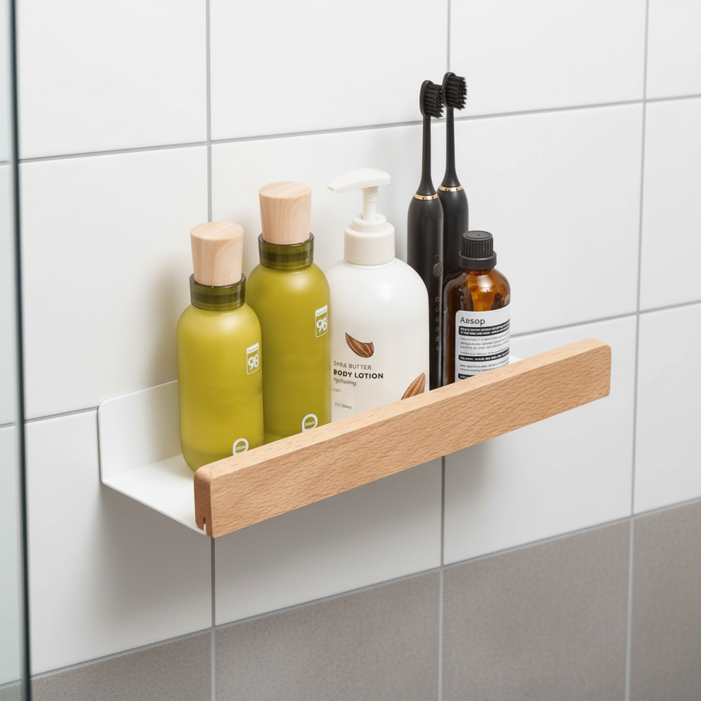 Self-Adhesive Solid Wood Wall Shelf - Water-Resistant, Space-Saving Design