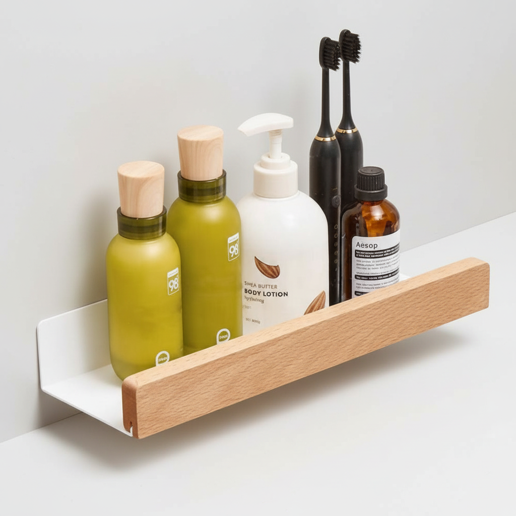 Self-Adhesive Solid Wood Wall Shelf - Water-Resistant, Space-Saving Design
