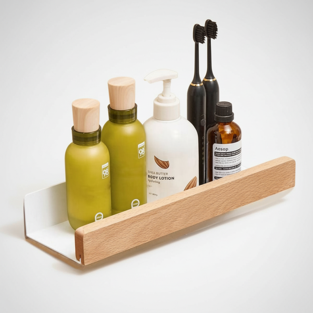 Self-Adhesive Solid Wood Wall Shelf - Water-Resistant, Space-Saving Design