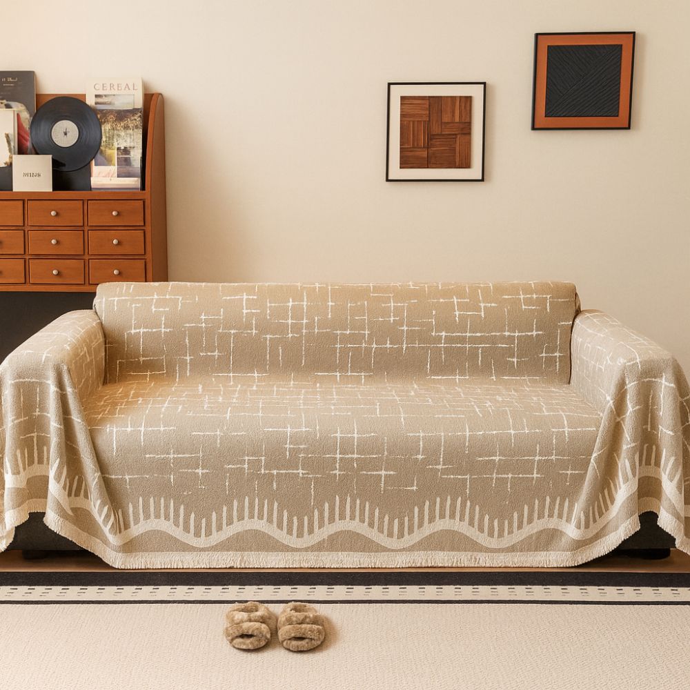Fringed Microfiber Sofa Cover in Solid Color