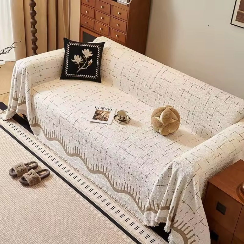 Fringed Microfiber Sofa Cover in Serene Horizon Design