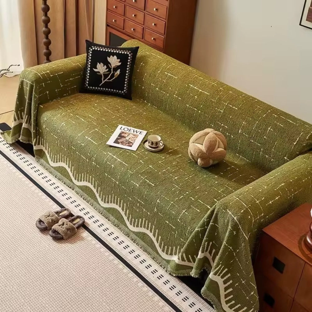Fringed Microfiber Sofa Cover in Solid Color