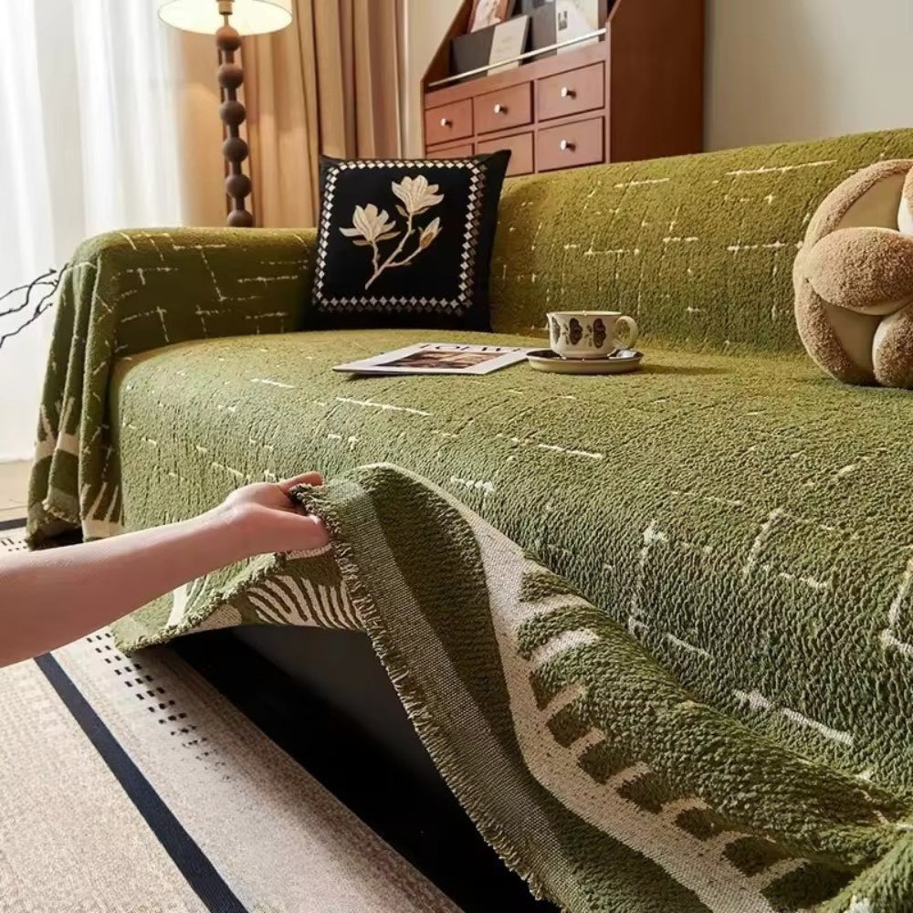 Fringed Microfiber Sofa Cover in Solid Color