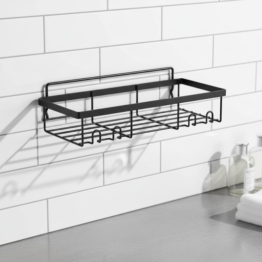 Minimalist Stainless Steel Wall Shelves with Hooks - Matte Black