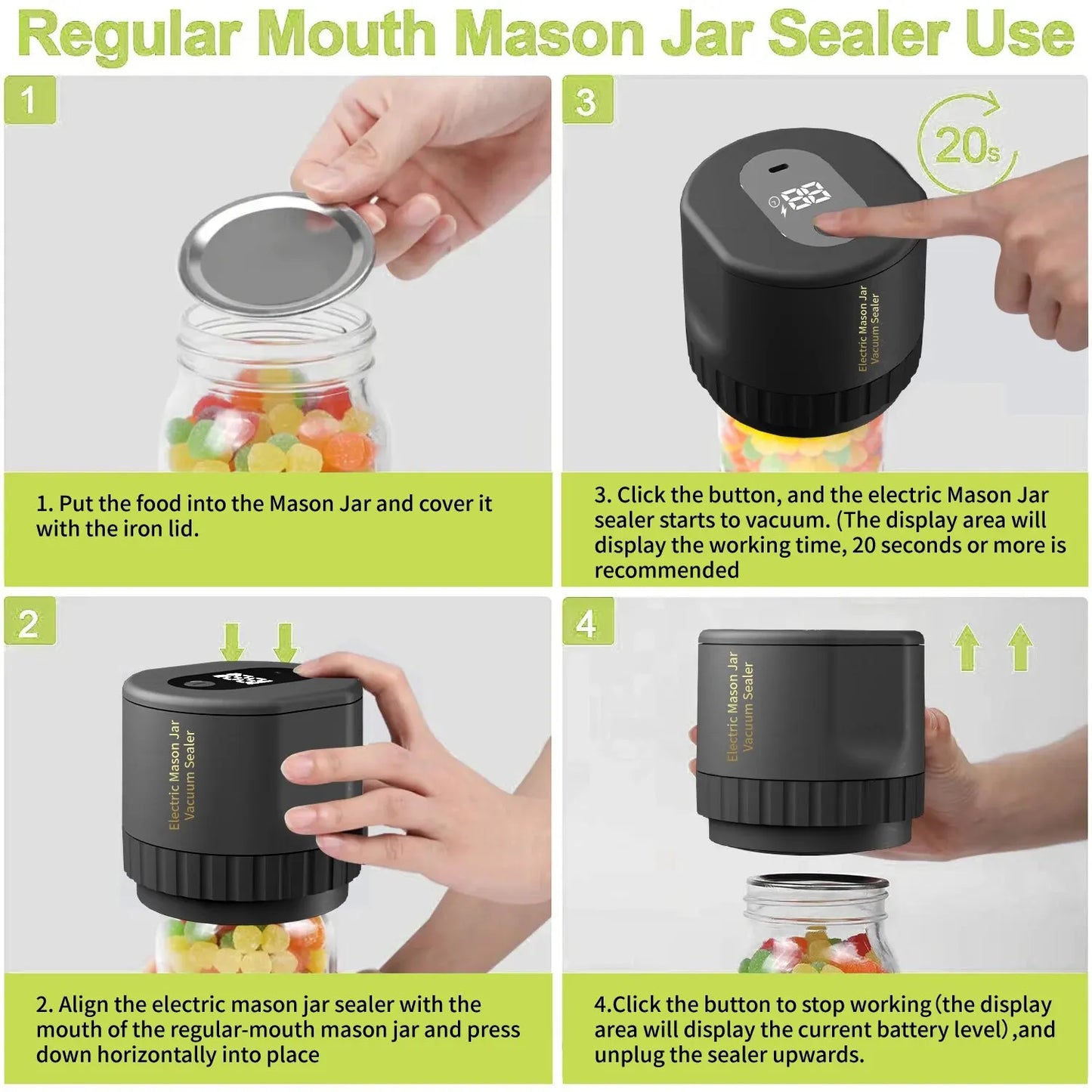 Cordless Electric Vacuum Sealer for Mason Jars - Wide and Regular Mouth Food Storage