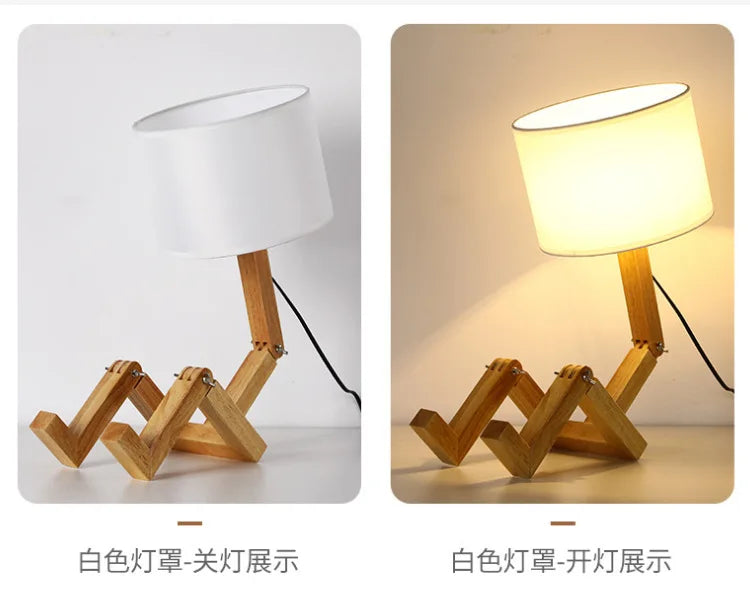 Wooden Robot Table Lamp with LED Light and Fabric Shade