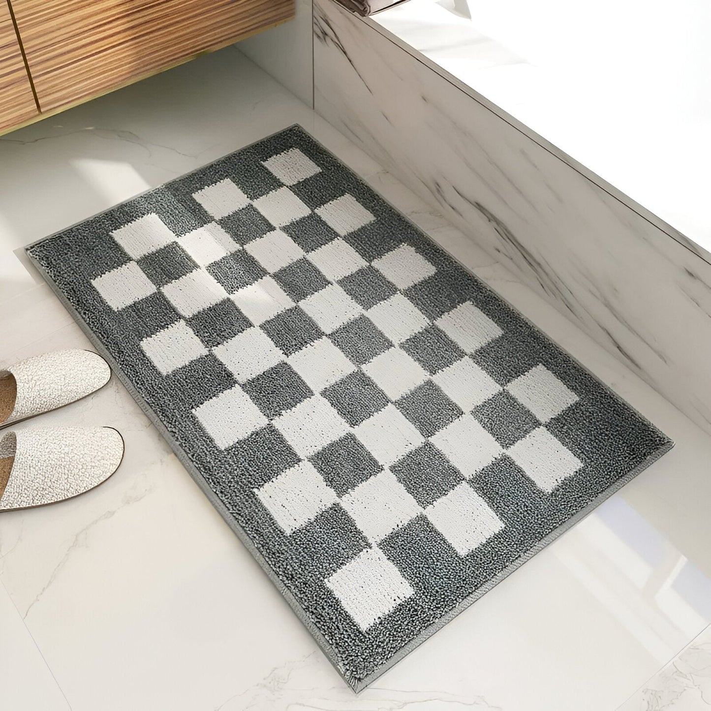 Black and White Checkered Microfiber Bath Mat
