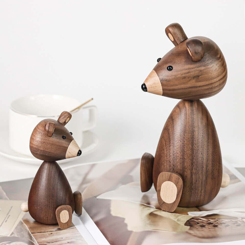 Danish Wooden Brown Bear Family Ornaments in Walnut and Beech