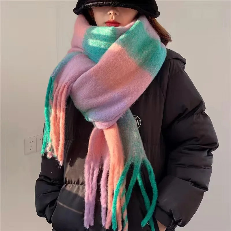 Large Soft Plaid Wool Blend Winter Scarf with Fringed Edges