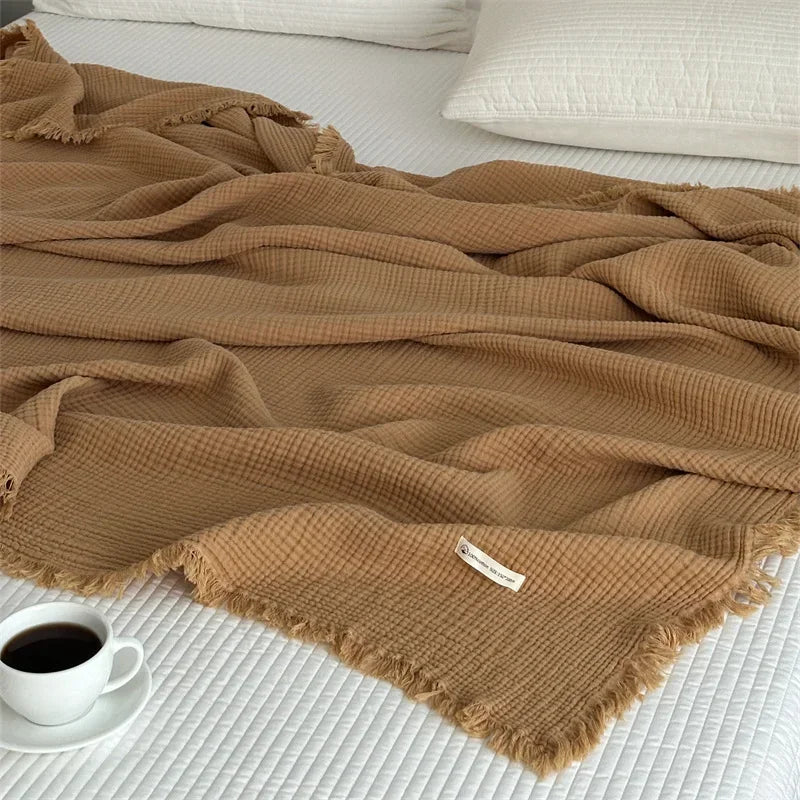 Solid Color Cotton Sofa Blanket with Fringed Edges